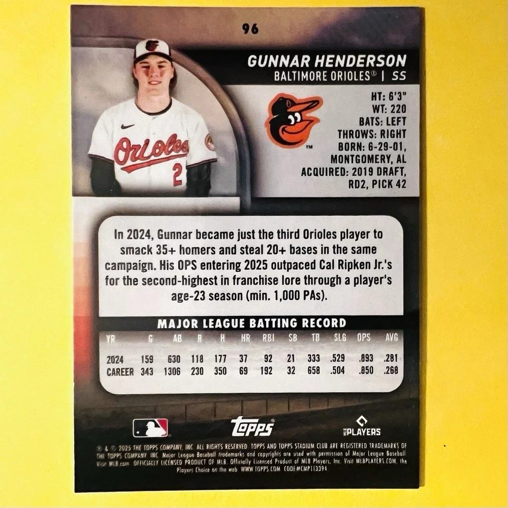 2025 Topps Stadium Club Baseball‎ Gunnar Henderson #96 Baltimore Orioles